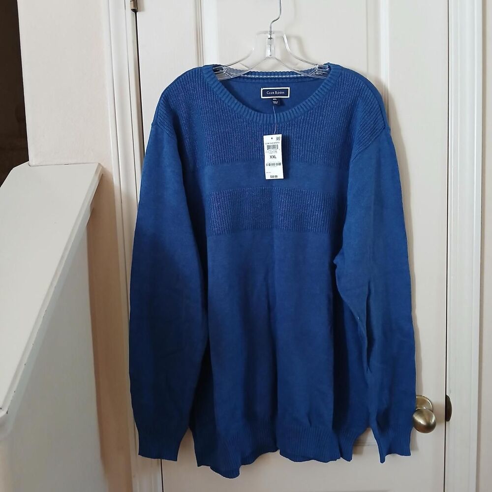 NWT Club Room Cobalt Blue 100% Cotton Textured Knit Crewneck Sweater Men's XXL
